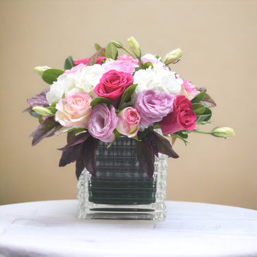 Blushing Mixed Flower Arrangement, Glass Vase, Mixed Roses, Hydrangea, Lisianthus